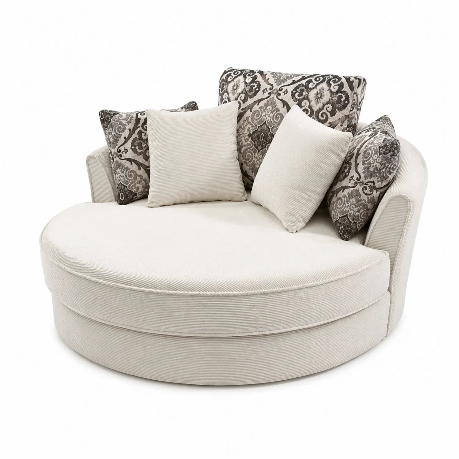 Canapé rond en tissu beige avec coussins décoratifs