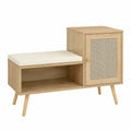 Banc de rangement bois avec coussin en cuir synthétique crème