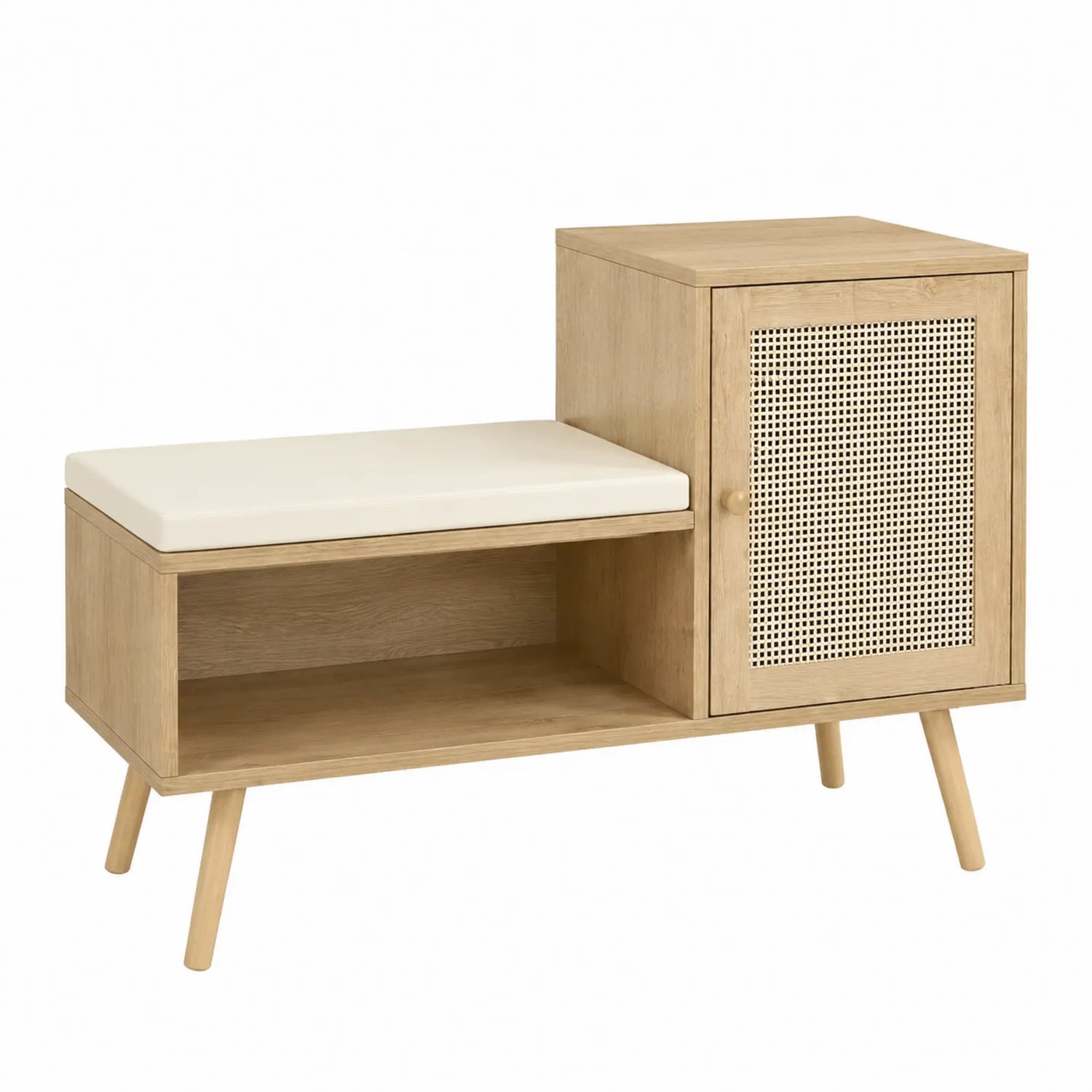 Banc de rangement bois avec coussin en cuir synthétique crème