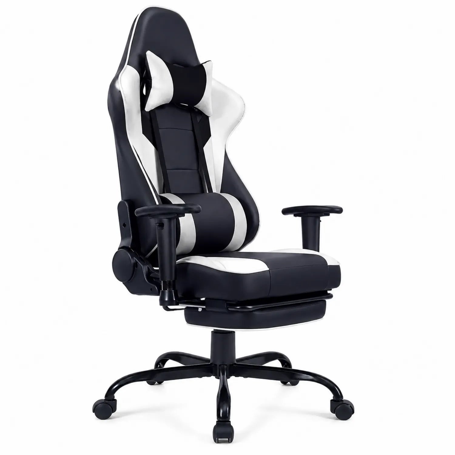 Chaise de jeu en cuir PU Noir et Blanc avec repose-pieds
