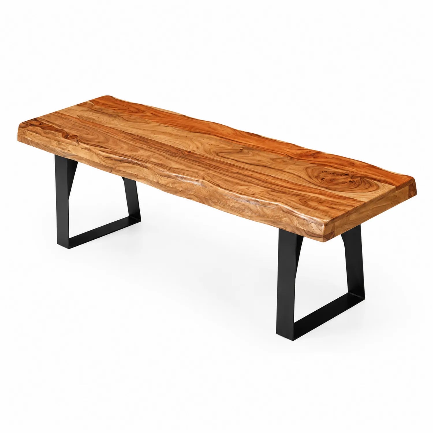 Banc en bois d'acacia avec pieds en métal noir 180 cm