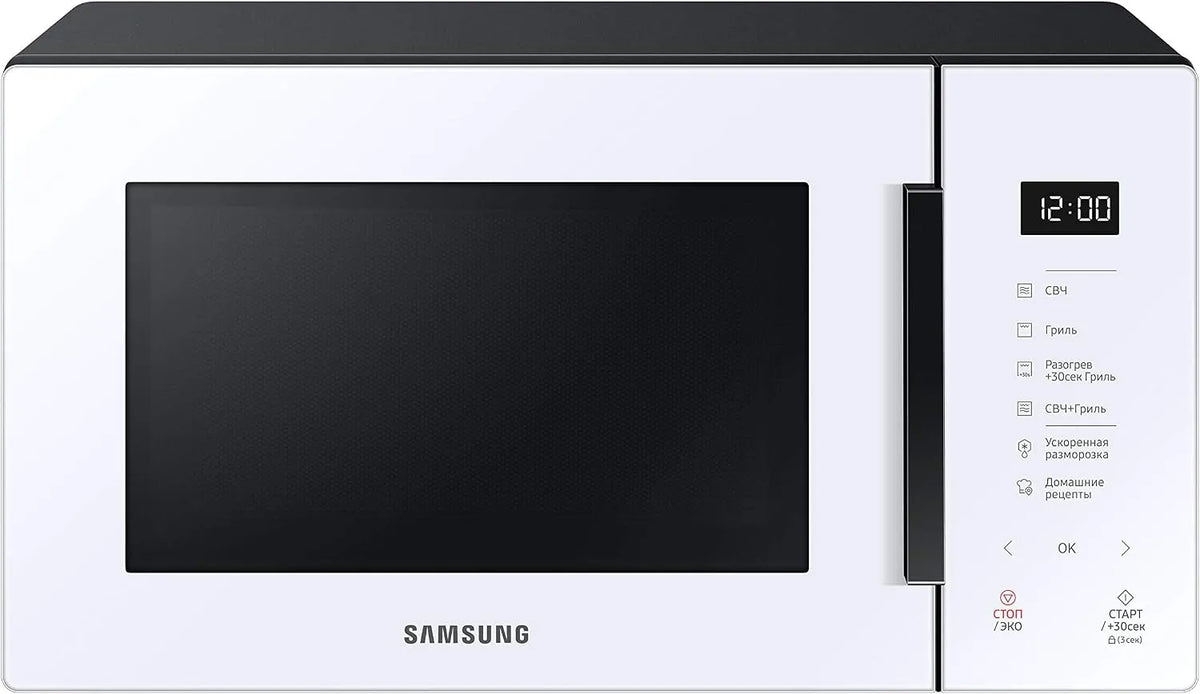 Samsung MG23T5018AW Micro-ondes, 23 L, 1100 W, four micro-ondes, blanc, cuisson automatique et Home Dessert, design verre