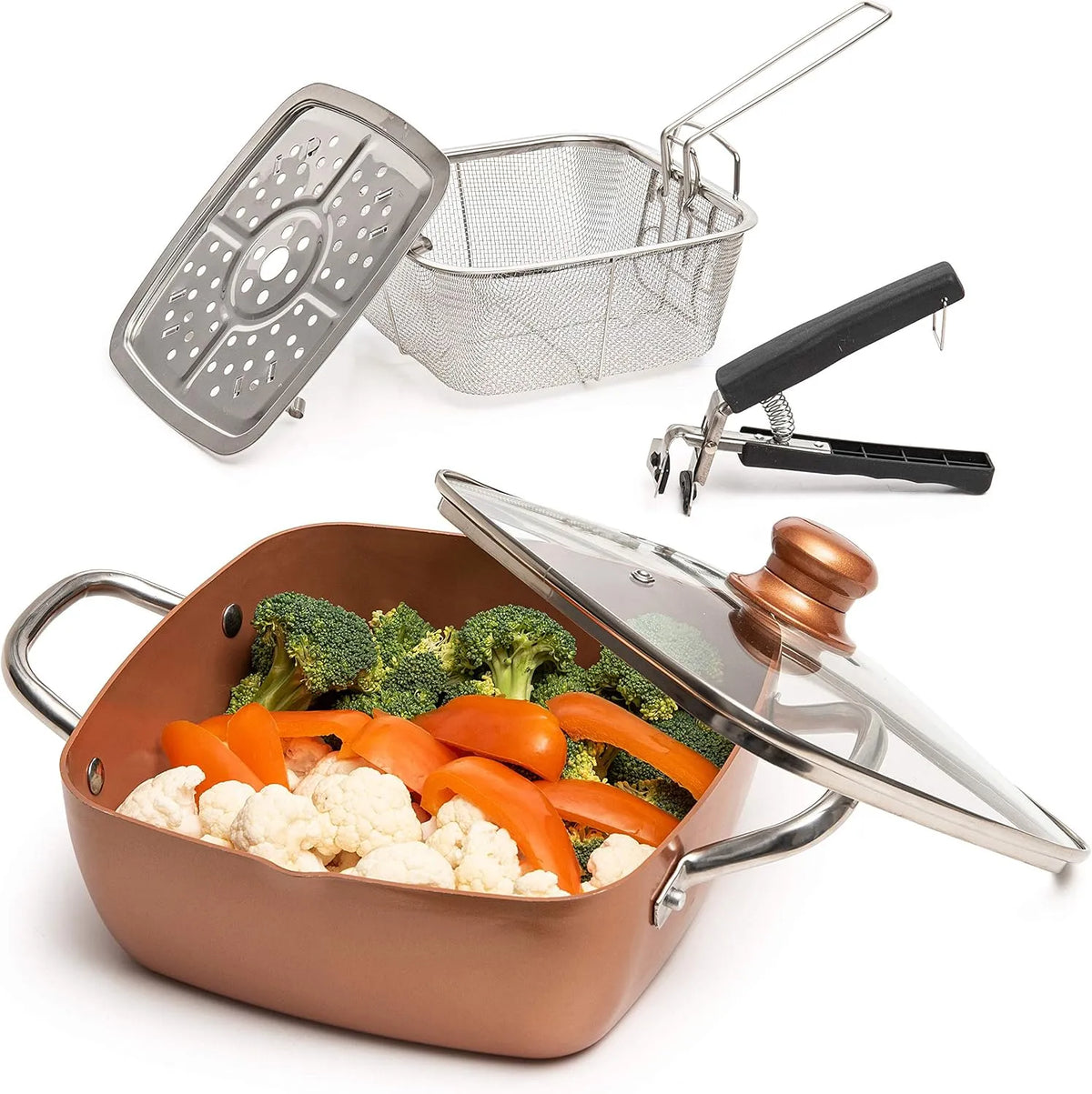 Lave-vaisselle, 5 L, gril, vapeur, Moss & Stone Copper Chef Cookware Lot de 5 poêles à frire antiadhésives, panier à frire, batterie de cuisine en