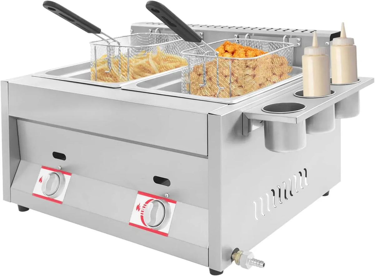 double réservoir, Friteuse à gaz commerciale, pour restaurant, 2 x 6 l, en acier inoxydable 430, température individuelle, snacks, grande cuisine