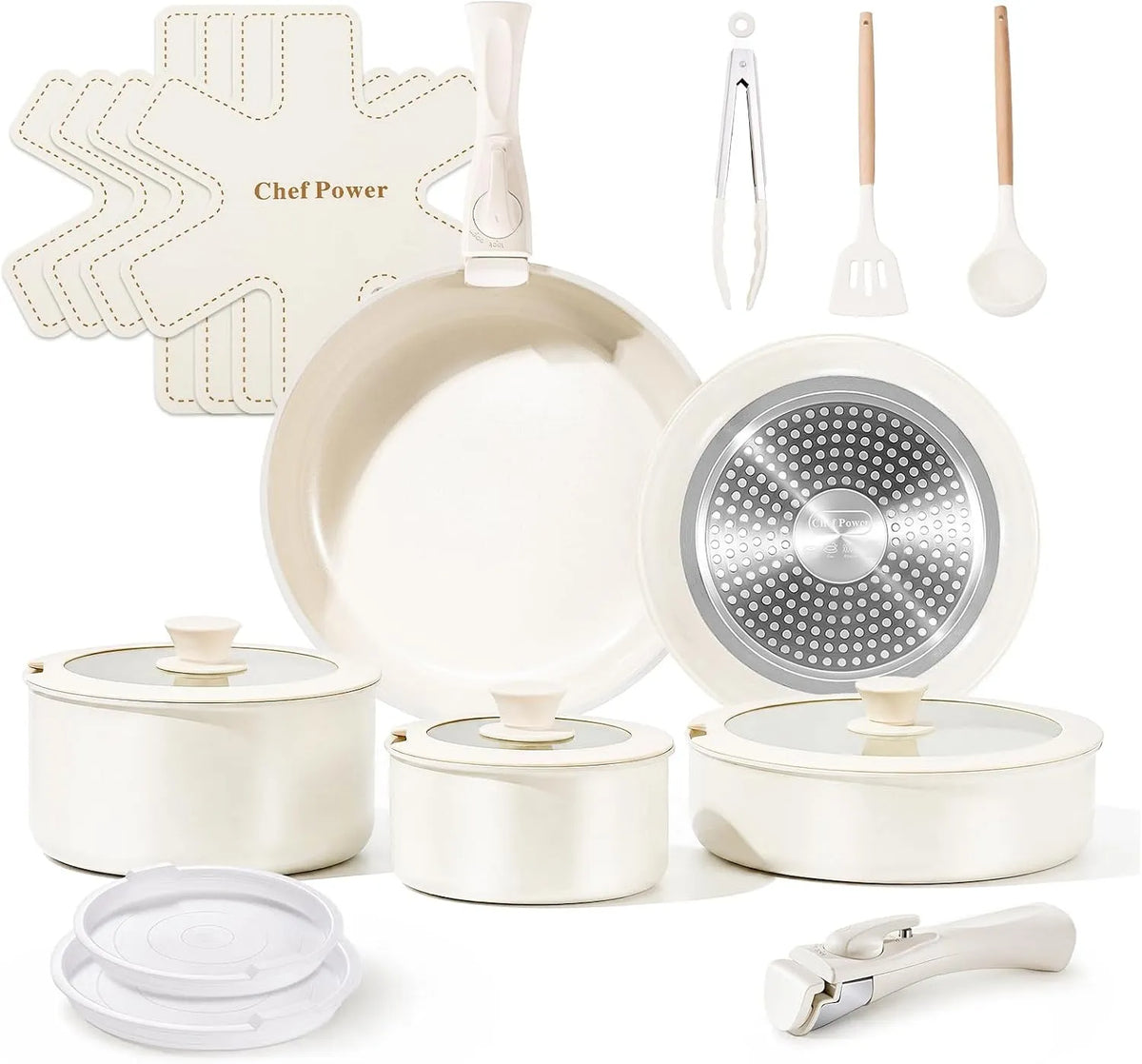 Lave-vaisselle, revêtement antiadhésif, amovible, blanc, Chef Power Set 19 pièces poêle/casserole, antiadhésif céramique-titane, sans PTFE