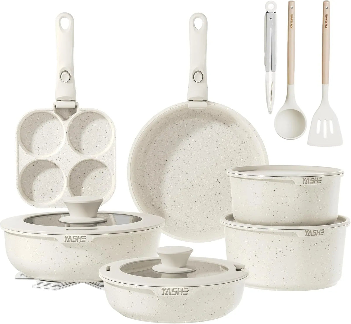 Batterie, batterie de casseroles et poêles, 20 Pièces, blanc, Cuisine Induction Antiadhésive, YASHE